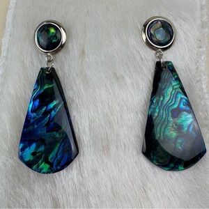 Vintage Abalone Shell Drop‎ Earrings Silver Tone Posts Turquoise Green Blue Boho